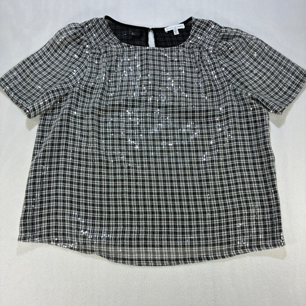 Maison d'Amélie Plaid Sequin Blouse Womens Large Black White Sparkle Top L